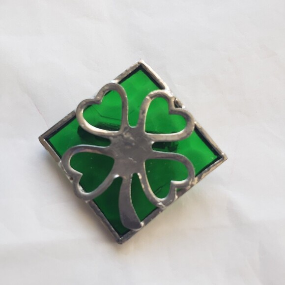 Shamrock Pin Brooch Handmade Green Stained Glass and Silver-toned 1.75 inch USA - Picture 1 of 4